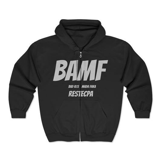 BAMF Zipper Hoodie — Bold Mada Faka Full-Zip Sweatshirt