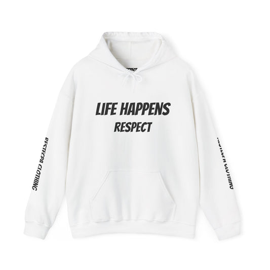 "life happens" Hoodie — Comfort Pullover with Minimal Inspirational Text