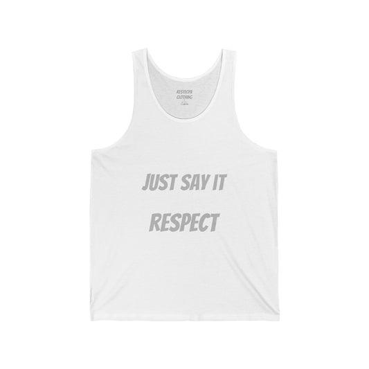 Premium RESPECT tank top featuring bold typography in a minimalist design on a white sleeveless shirt.